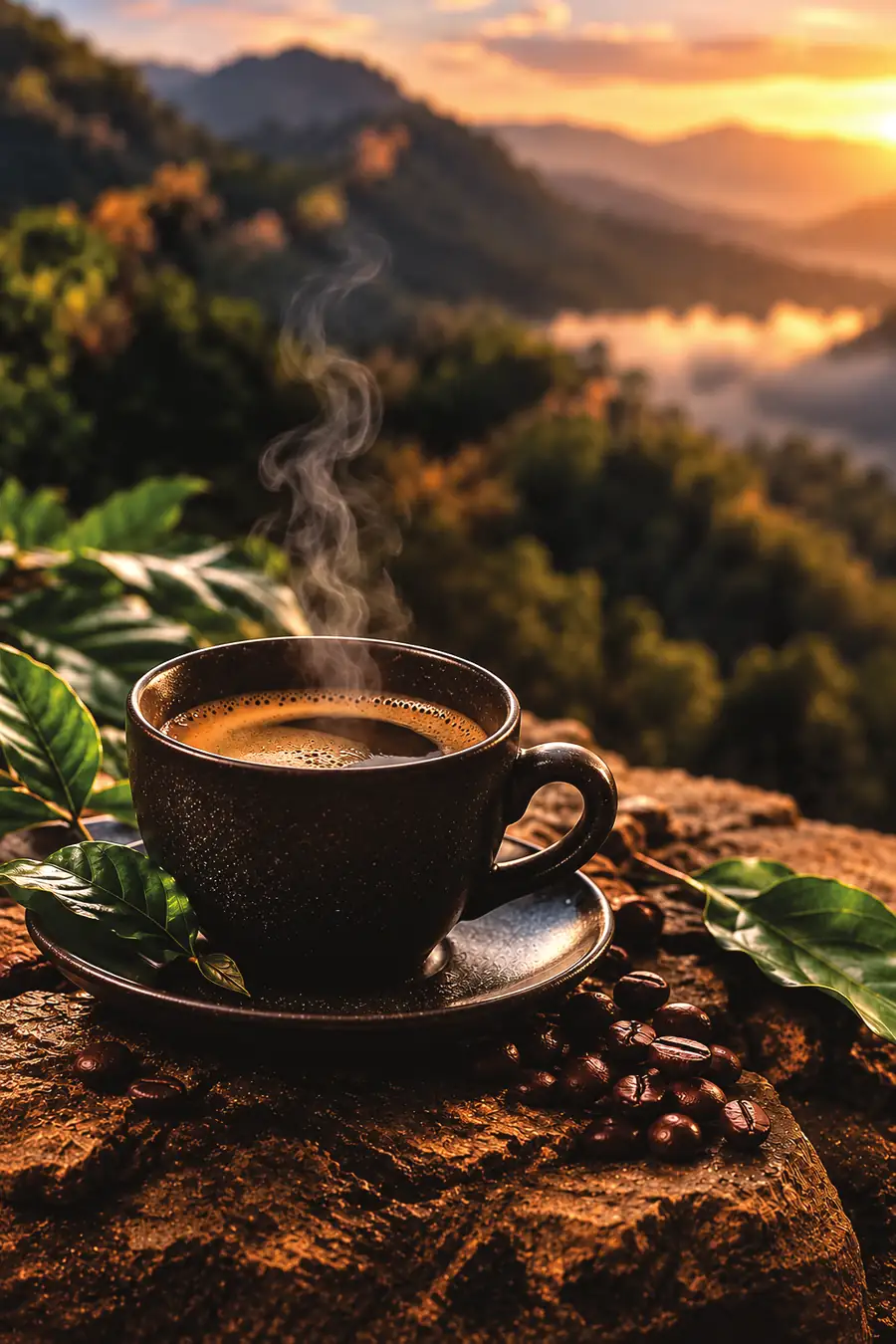 Xícara de café fumegante com montanhas ao fundo