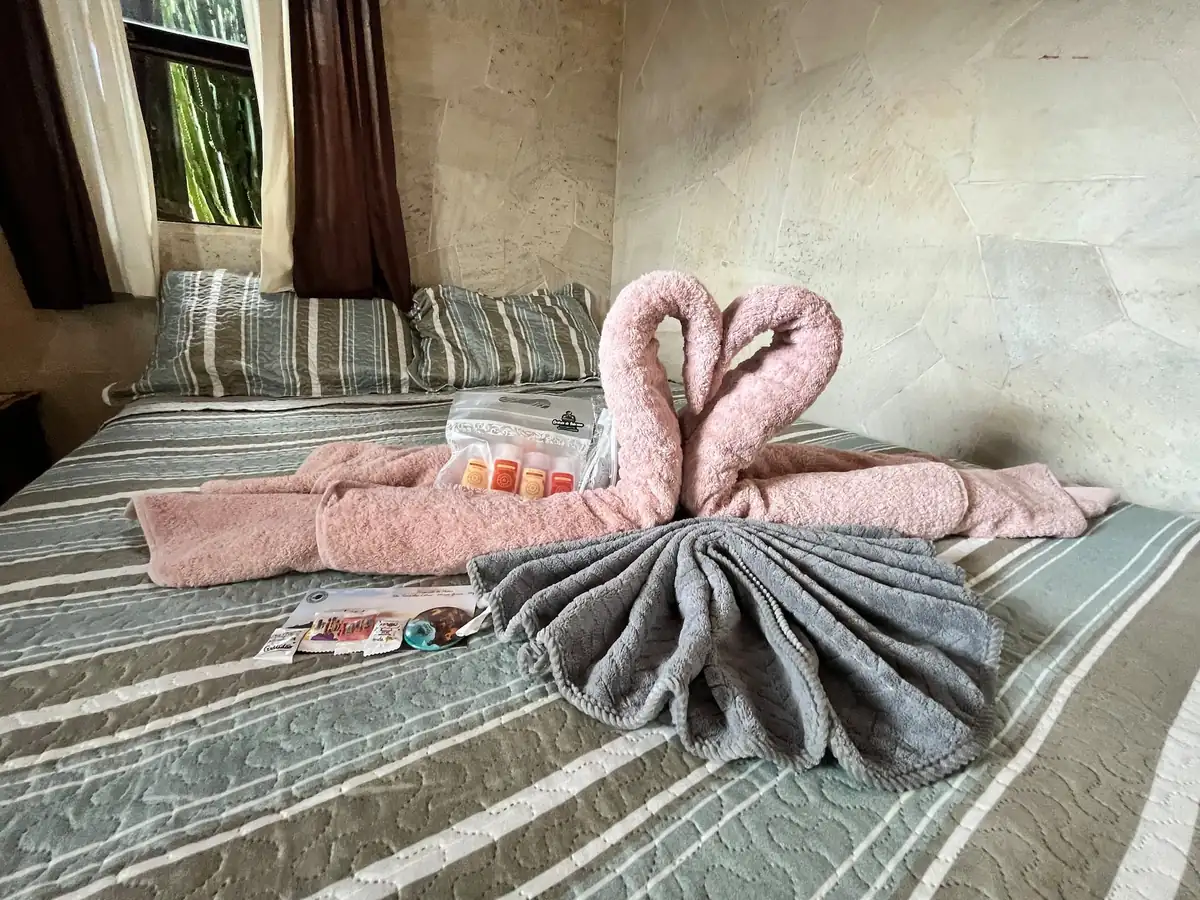 Toalhas em forma de cisnes sobre a cama